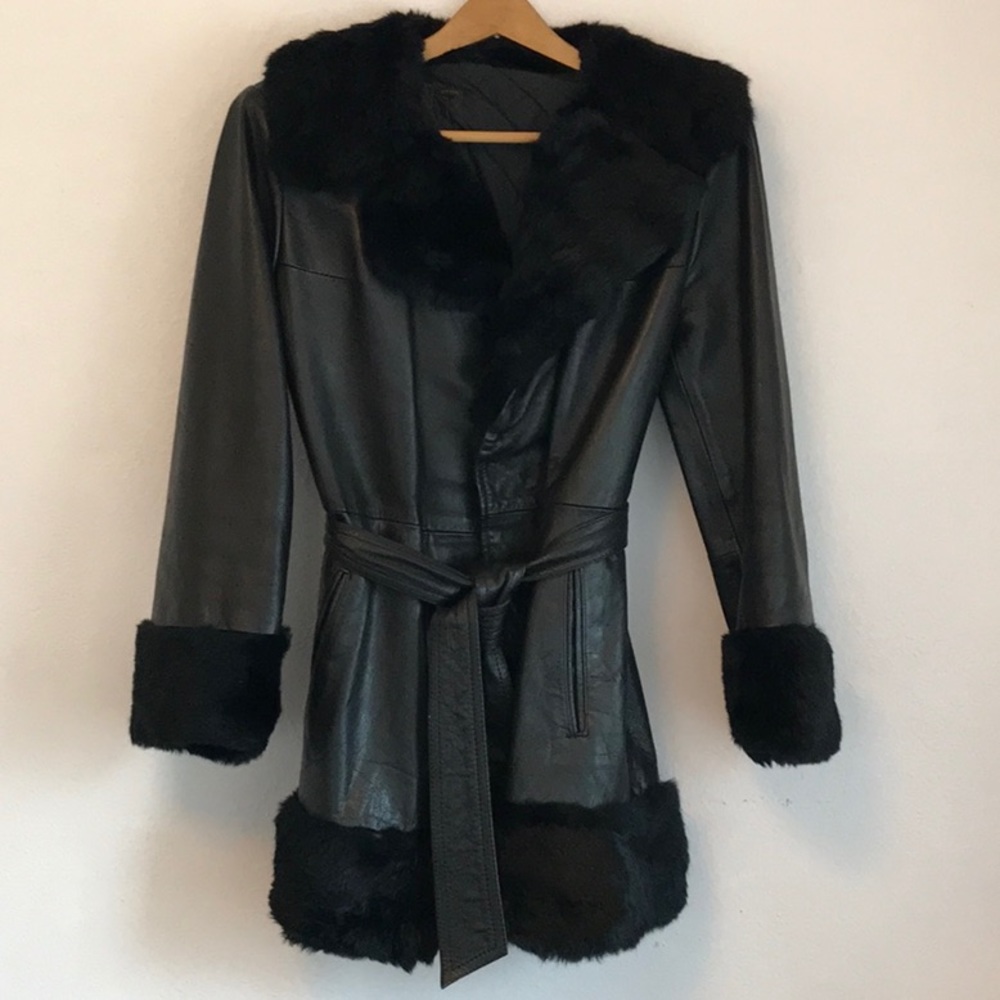 Black Leather Coat With Rabbit Fur Trim